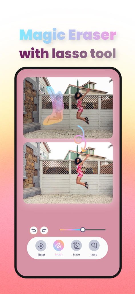 App interface showing the magic eraser lasso tool removing a person from a photo.
