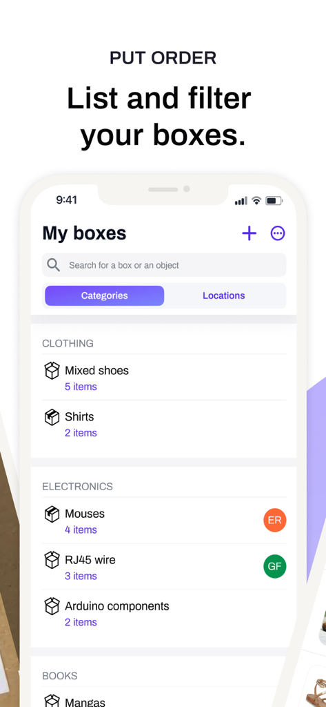 Scan Your Boxes - Inventory management screen in the Scan Your Boxes app displaying categorized boxes for clothing and electronics