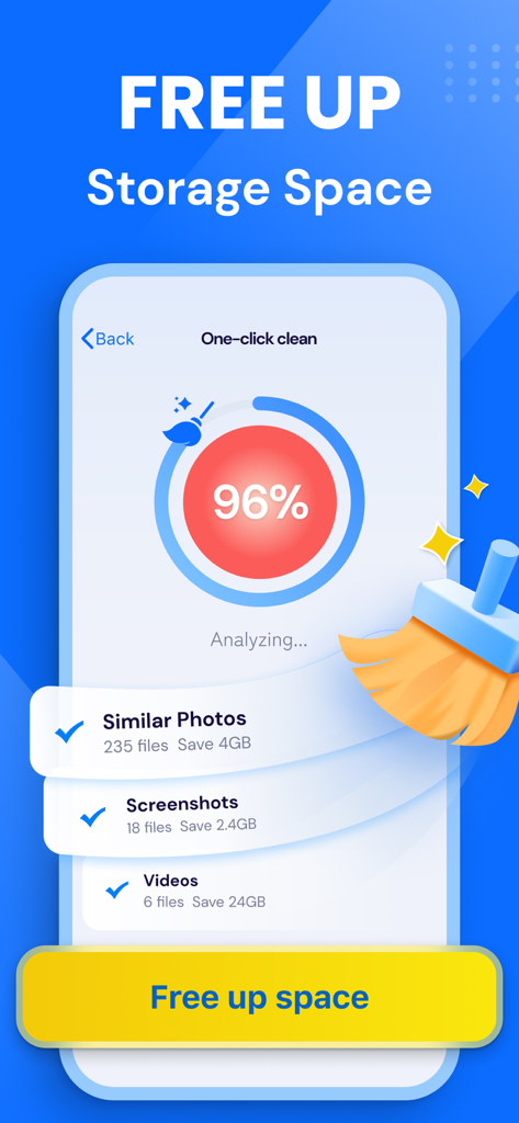 Clean Storage Now: Cleanup App - Mobile app interface showing a storage analysis tool to free up phone space by deleting similar photos and screenshots