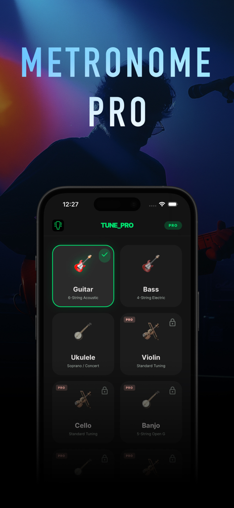 Guitar Tuner – Precision - Interfaz de la aplicación Afinador de Guitarra Precisión mostrando la selección para afinar guitarra, bajo, ukelele y violín.