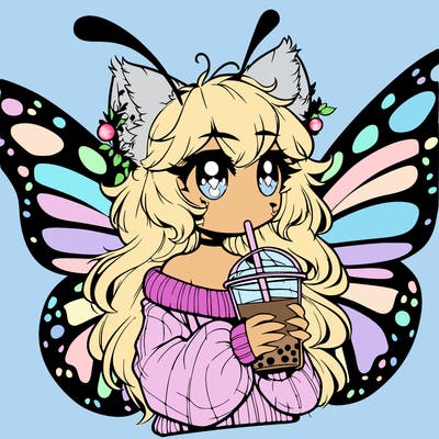 a realistic butterfly/furry girl drinking boba