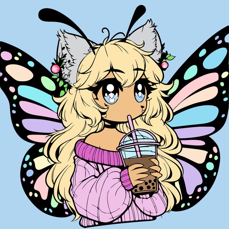 a realistic butterfly/furry girl drinking boba