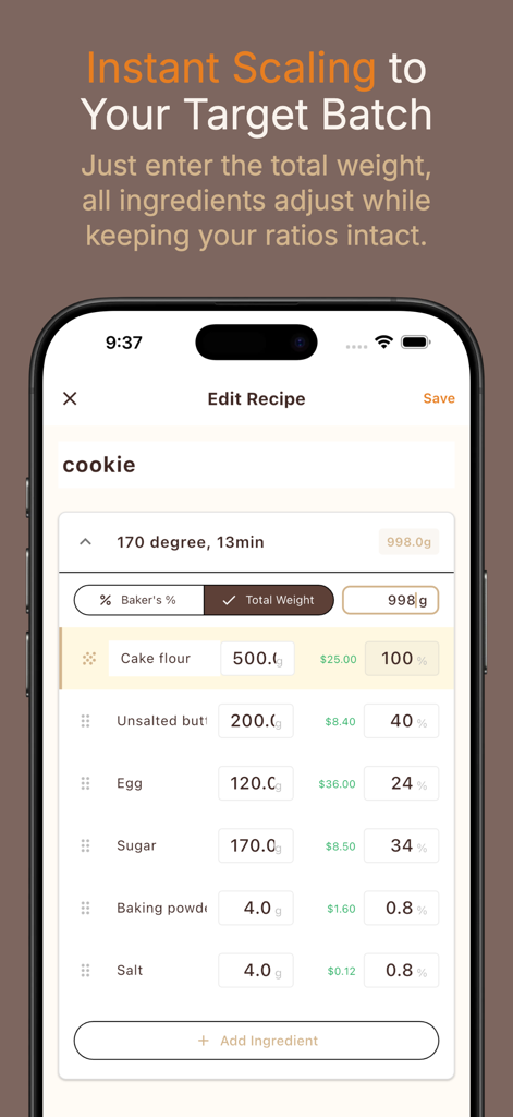 Bake Master: Baking Calculator - Oberfläche der Bake Master App, die die automatische Skalierung von Kekszutaten anhand des Gesamtgewichts und der Bäckerprozenten zeigt.