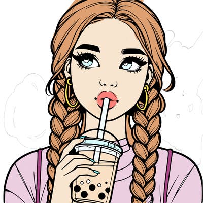 realistic girl with braided hair drinking boba