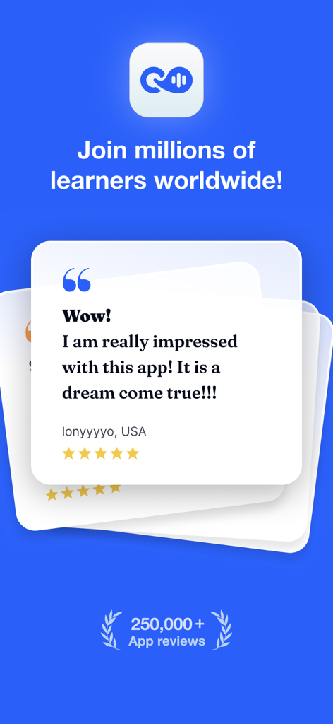 Speak English with Loora AI - Loora AIアプリのスクリーンショット、5つ星のユーザーレビューと、世界中で数百万人の学習者が参加したことを示すメッセージを表示。