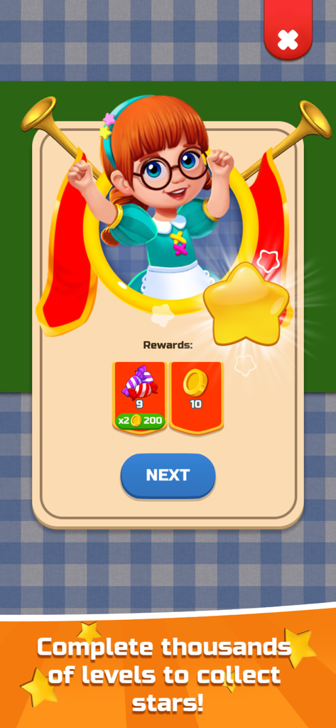 Word Sauce: Connect Puzzle! - Un personnage heureux célébrant l'achèvement d'un niveau avec des pièces et des bonbons comme récompenses dans Word Sauce