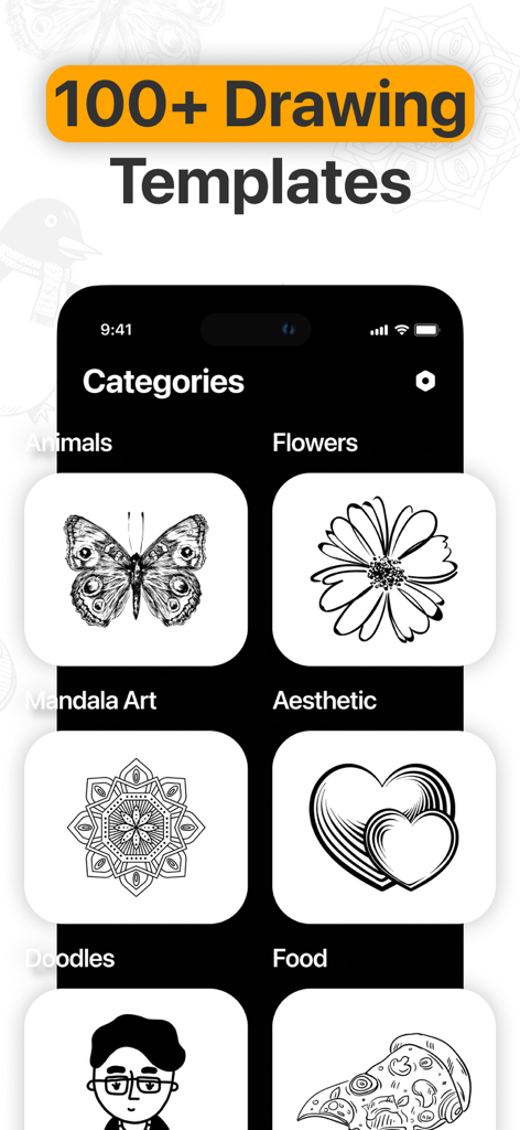 Mobile app screen showing various categories of sketches for tracing including animals and flowers