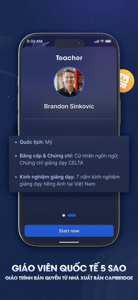 Fsel - Learning English - Profil d'un enseignant d'anglais international dans l'application d'apprentissage Fsel montrant les qualifications et l'expérience d'enseignement