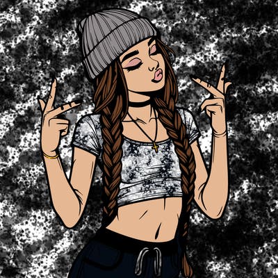 realistic teenage girl with braids and a beanie and crop top doing 🫶🏼