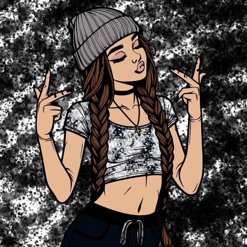 realistic teenage girl with braids and a beanie and crop top doing 🫶🏼