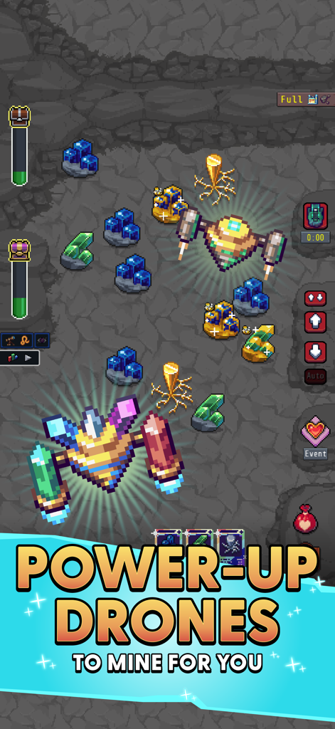 Idle Obelisk Miner - Gameplay of Idle Obelisk Miner showing pixel art drones mining colorful crystals in a cave with a promotional text about powering up drones.