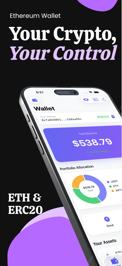 Ethereum Wallet - ETH & Tokens - Tela do aplicativo Carteira Ethereum exibindo o saldo da conta e o gráfico de alocação de ativos