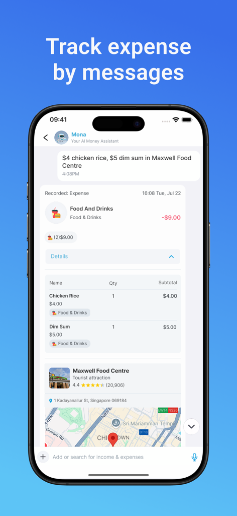 Money Tracker - Mona AI - Interface of the Mona AI app showing a user tracking food expenses by sending a text message to the AI assistant.