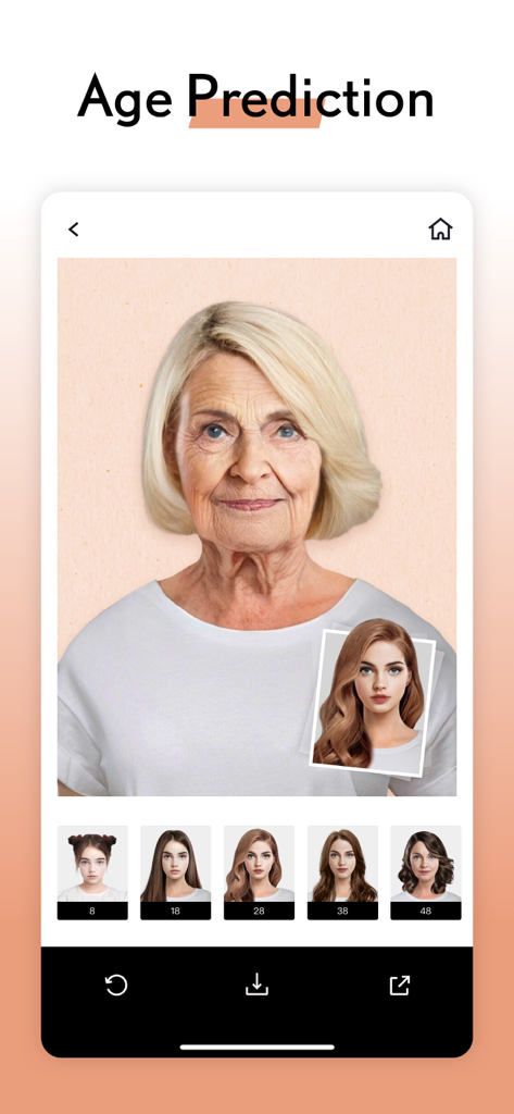 LOOX App Altersvorhersage-Funktion, die das Gesicht einer Frau in verschiedenen Altersstufen von der Kindheit bis ins hohe Alter zeigt