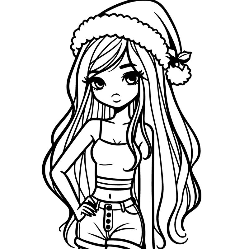 girl with long hair and crop top with christmas hat