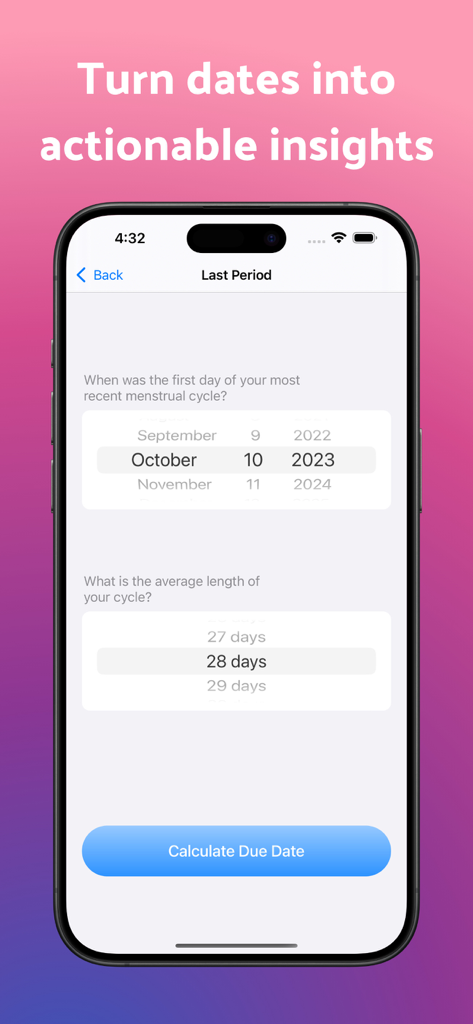 OB Wheel Pregnancy Tracker - Interface of the OB Wheel Pregnancy Tracker app showing the calculation screen for due dates based on last period and cycle length.