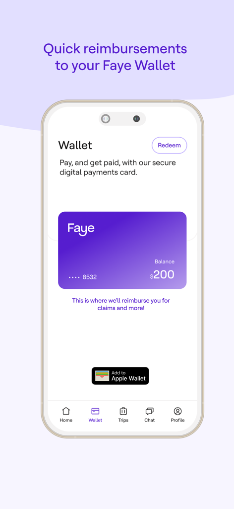 Faye Travel Insurance digital wallet showing reimbursement balance and Apple Wallet button