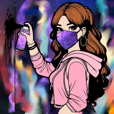 realistic girl with mask spray painting a wall