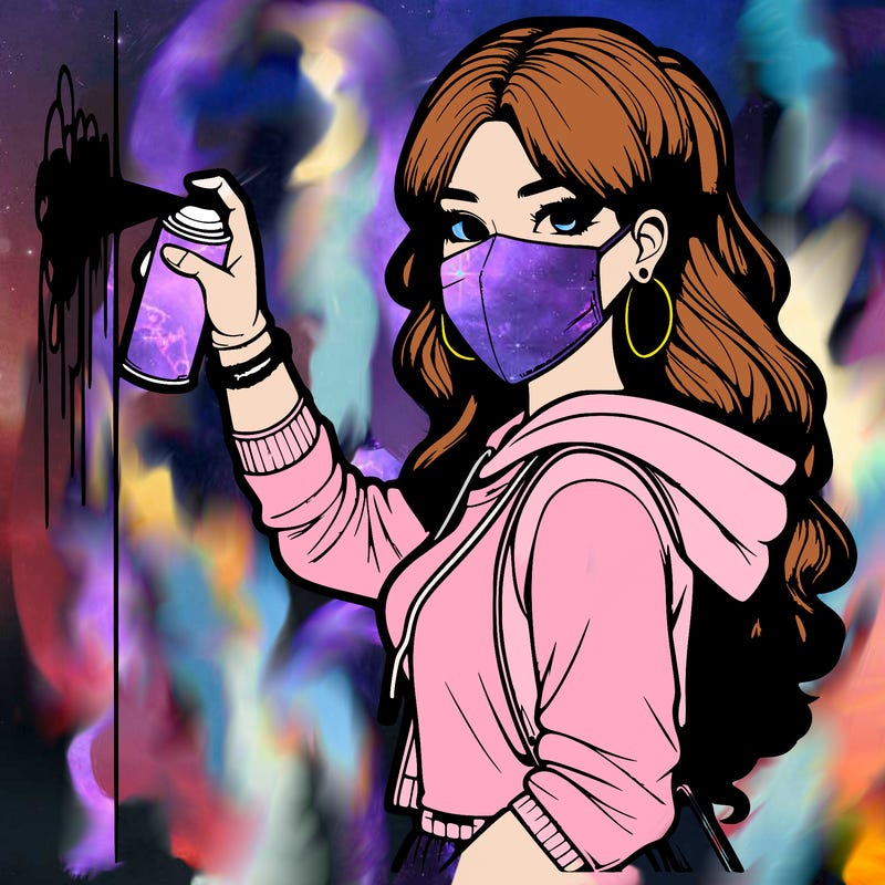 realistic girl with mask spray painting a wall
