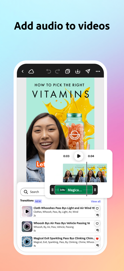 Adobe Express: AI Photo, Video - Adobe Express mobile app interface showing tools for adding audio tracks and sound effects to a social media video