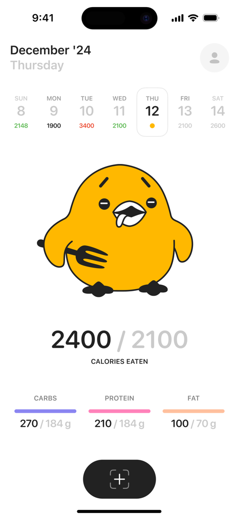 Calz - Calorie Counter AI - Panel de nutrición diario en la aplicación Calz que muestra calorías y macronutrientes rastreados frente a los objetivos