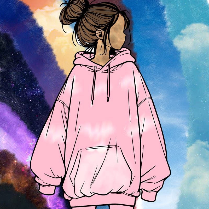 realistic girl with a oversized sweatshirt on and a bun