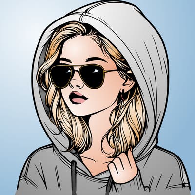 realistic teenage girl, wearing a hoodie and sunglasses