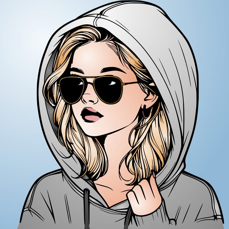 realistic teenage girl, wearing a hoodie and sunglasses