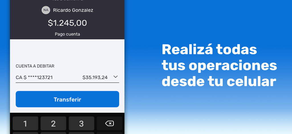 APP Banco Santa Cruz - Interfaz de la aplicación móvil de Banco Santa Cruz que muestra un proceso de transferencia de fondos y el eslogan bancario en español