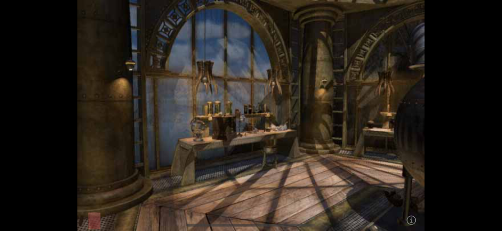 Riven (Legacy) for Mobile - Detailed indoor laboratory with a workbench and arched window in Riven Legacy for Mobile