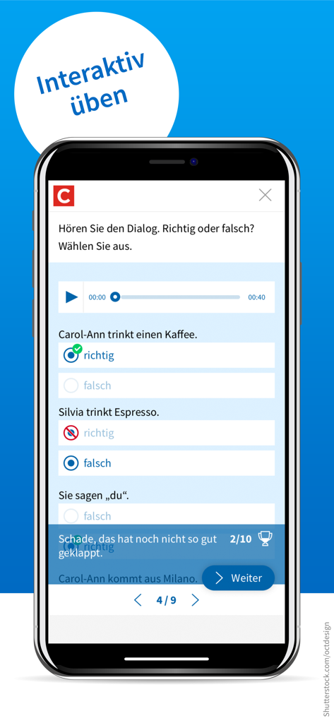 PagePlayer - Cornelsen - Interactive German listening exercise with true or false questions on PagePlayer Cornelsen app