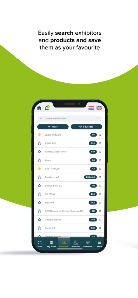Smartphone screen showing the exhibitor list and search bar in the YDEM app