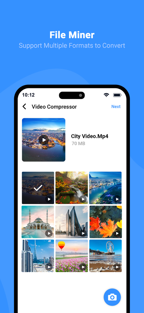 Interfaz de la aplicación File Miner que muestra una selección de archivos de video para comprimir en un iPhone.