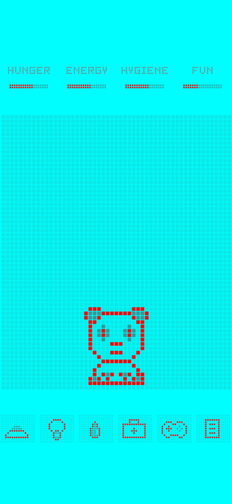 Pixel art panda pet in a retro virtual pet game with status bars for hunger and energy