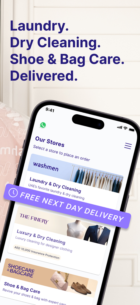 Washmen & The Finery - Washmen app interface showing laundry dry cleaning and shoe care services with a banner for free next day delivery