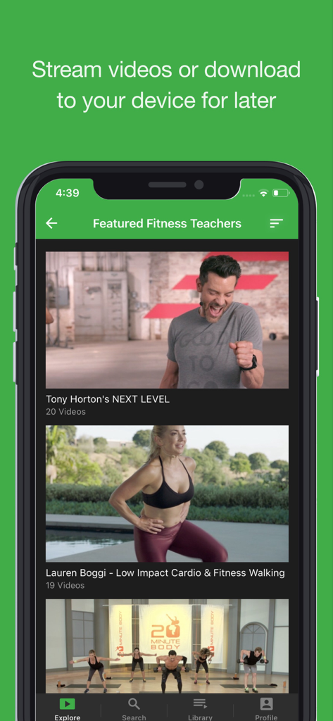 Gaiam TV app interface showing featured fitness instructors like Tony Horton and Lauren Boggi with options to stream or download videos