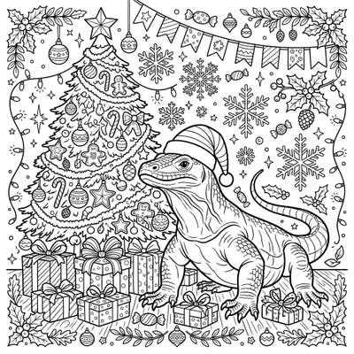 Get ready for a unique holiday coloring experience with this festive monitor lizard! Dressed in a Santa hat, it poses beside a beautifully decorated Christmas tree, surrounded by presents and holiday cheer.