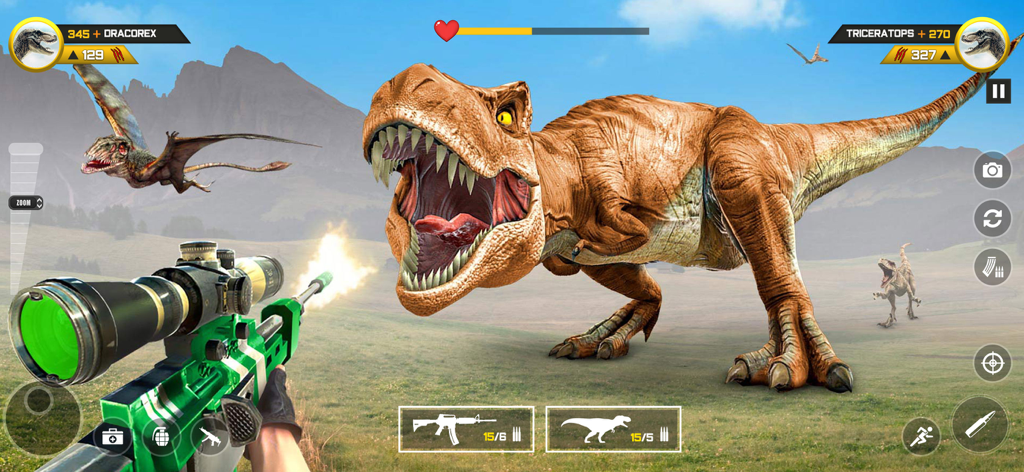 Dinosaur FPS Gun Hunting Games - A first person view of a player aiming a green sniper rifle at a roaring T-Rex in a grassy prehistoric field