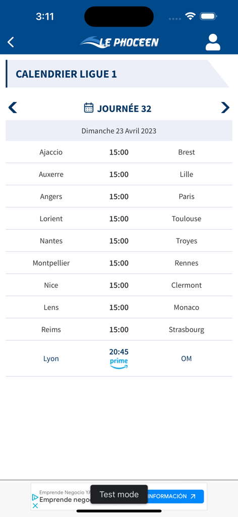 Ligue 1 soccer match schedule for matchday 32 on the Le Phoceen app