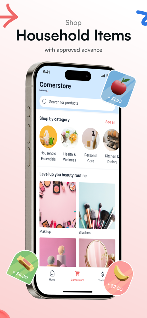 Gerald - Cash Advance - Gerald app Cornerstore screen showing household essentials and personal care categories for shopping with a cash advance.