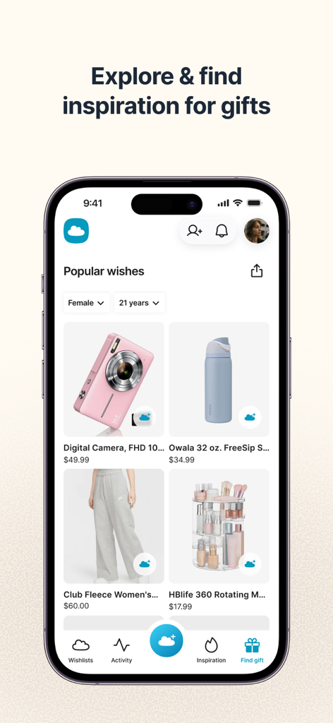 GoWish app interface showing popular gift wishes and curated inspiration for users