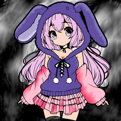 pretty anime girl wearing a fluffy hoodie with bunny ears on the hood and a skirt