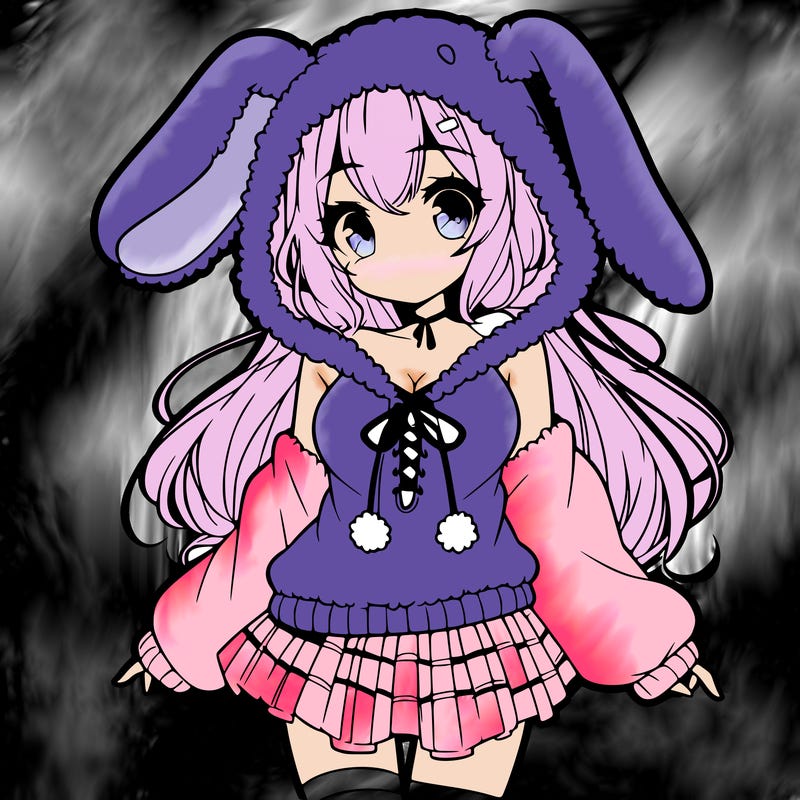 pretty anime girl wearing a fluffy hoodie with bunny ears on the hood and a skirt