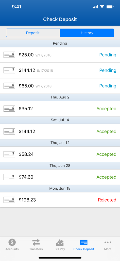 Check deposit history screen in the EECU mobile app showing pending and accepted transactions.