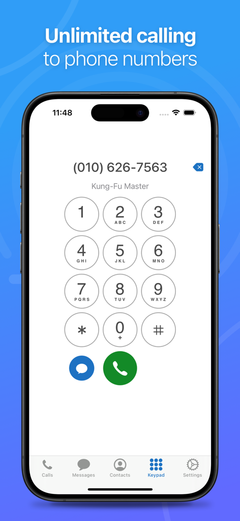 Talkatone app keypad screen for making unlimited calls to US and Canada numbers over WiFi.