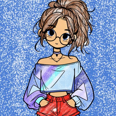 girl with a messy ponytail glasses a baggy crop top and jean shorts