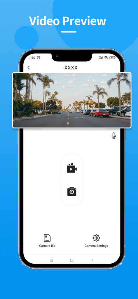 VeeCar - VeeCar app interface showing a real-time dashcam video preview of a street with palm trees