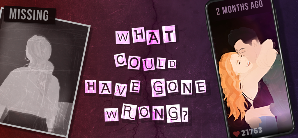 An Elmwood Trail mystery game promo showing a missing person poster and social media clues on a phone screen.