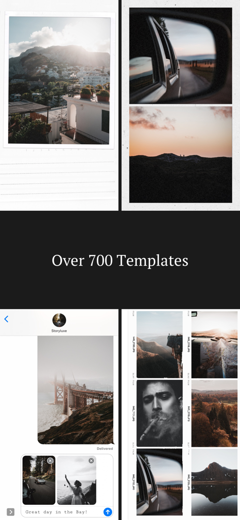 Storyluxe: Templates & Filters - Una muestra de plantillas profesionales para historias de Instagram y filtros de película vintage de la aplicación Storyluxe.