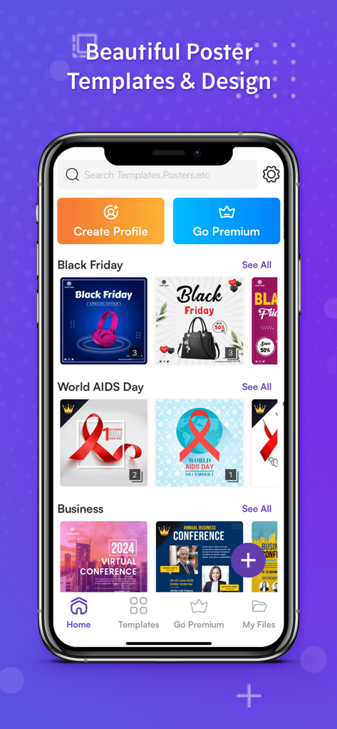 ビジネスやソーシャルメディア向けのさまざまなグラフィックデザインテンプレートを表示するポスターメーカーアプリのインターフェイス。